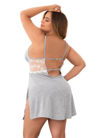 Nuisette en coton grise grande taille fendue sur les côtés et finition dentelle blanche - MAL7313XGREY
